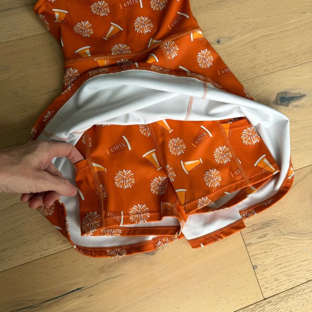 SweetHoney Kids Orange Cheer Print Active Dress with Built-in Shorts Size 8Y